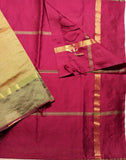 Gold shade handwoven silk cotton Saree with burgundy pallu and blouse piece