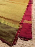 Gold shade handwoven silk cotton Saree with burgundy pallu and blouse piece
