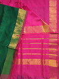 Bottle Green handwoven silk cotton Saree with contrast hot pink pallu