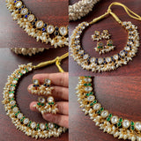 2-in-1 Emerald-Sapphire Stones Rice Pearls Short Chain set