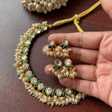 2-in-1 Emerald-Sapphire Stones Rice Pearls Short Chain set