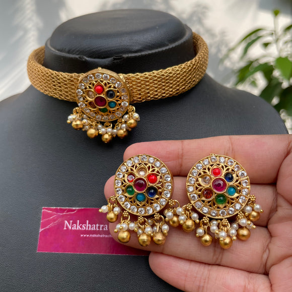 Premium Navratna High Neck Choker Set