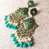 Kundan stones dark green enamel grand festive earrings