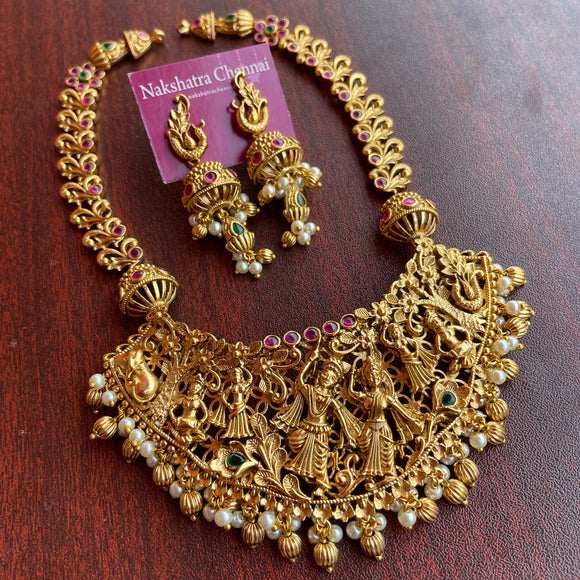 Premium Antique Matte Intricate Details Radha Krishna Short Haram Set