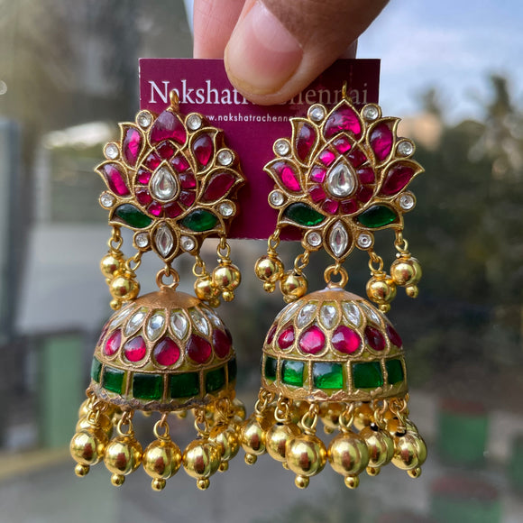 Real kemp Kundan Jadau Bridal jumkha with GOLD BEADS