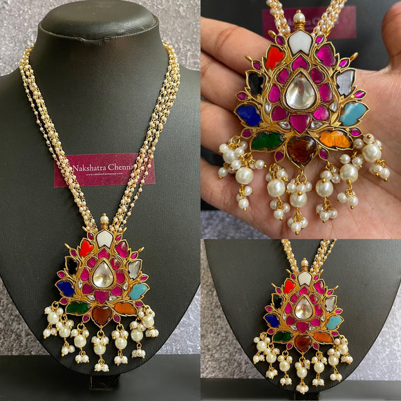 Kundan jadau Navratna Tamara Pearl Chain