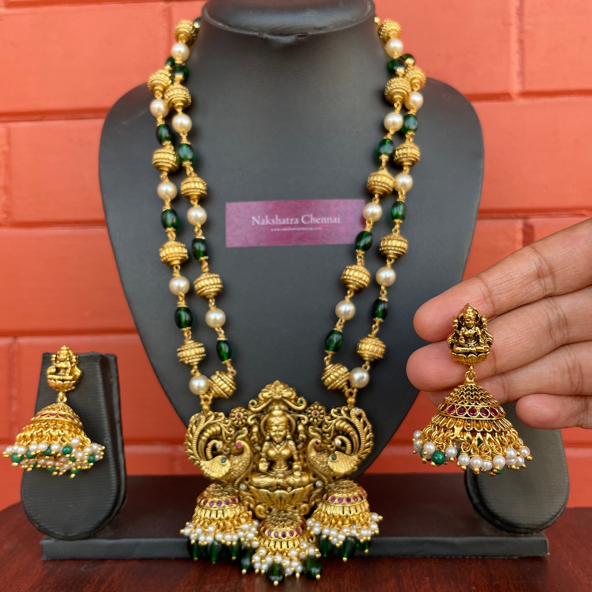 Premium Antique Goddess Green Beads Grand Haram Set – Nakshatra
