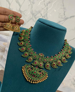 PRE-BOOK| Premium Antique Real kemp Mango Grand Bridal Short Chain set in Emerald Green