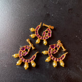Micro gold polished Peacock Nose Nath with Pearls - Full Ruby Pink