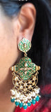 Kundan stones dark green enamel grand festive earrings