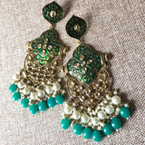 Kundan stones dark green enamel grand festive earrings