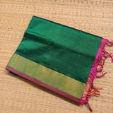 Bottle Green handwoven silk cotton Saree with contrast hot pink pallu