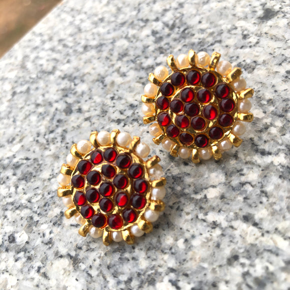 Pair of women's men's steel earrings with round red zircon 7mm