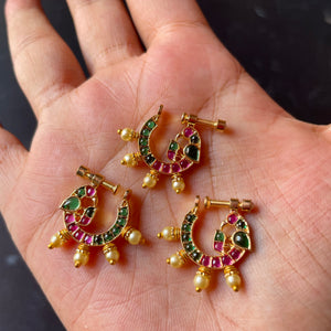 Premium Micro Gold polished Real kemp Peacock Nose Nath with pearls - Ruby & Green