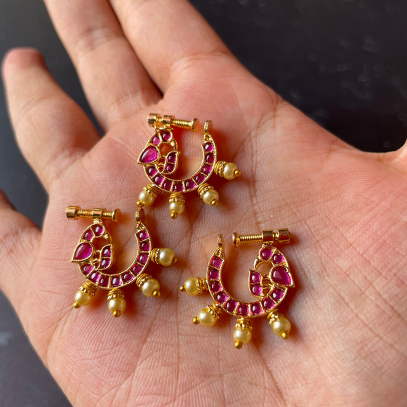 Micro gold polished Peacock Nose Nath with Pearls - Full Ruby Pink